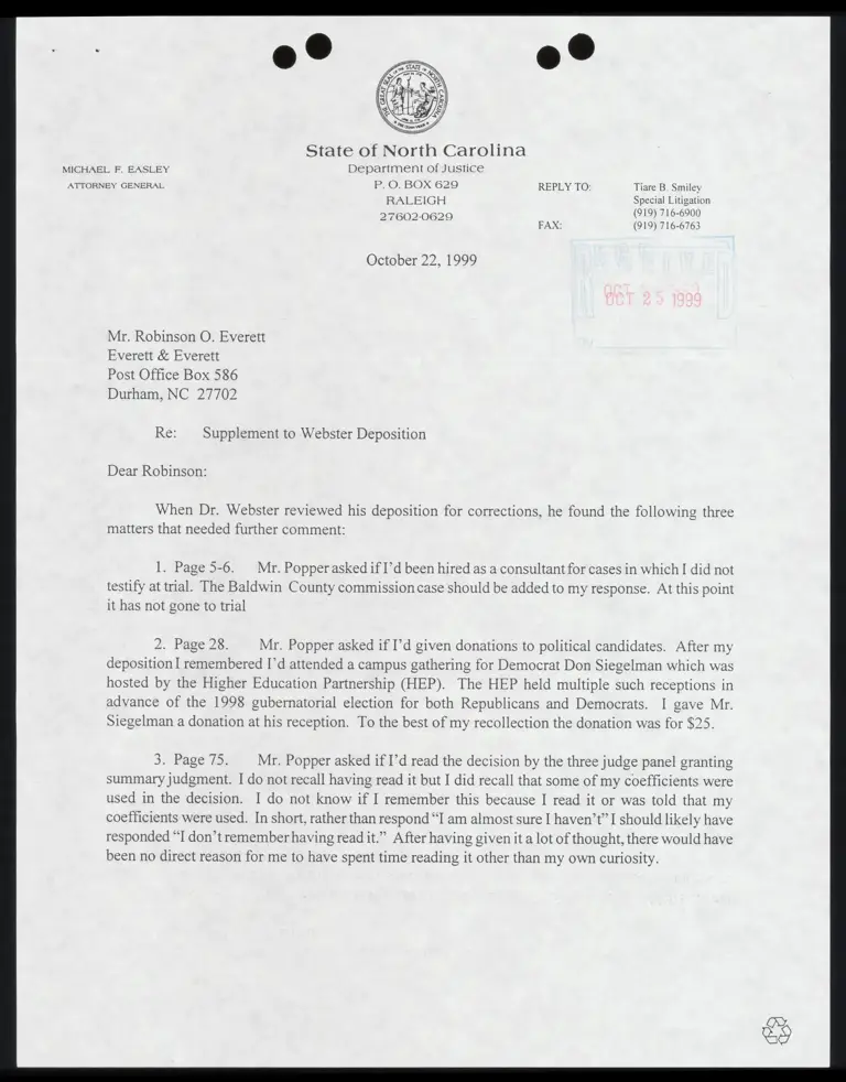 Letter to Everett from Smiley RE Supplement to Webster Deposition preview