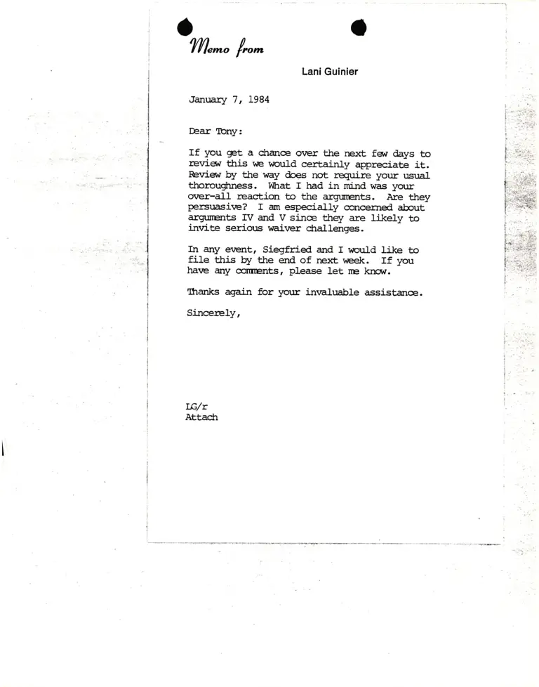 Memo from Lani Guinier to Tony RE: Review of arguments preview