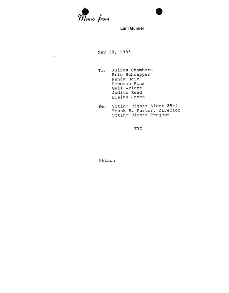 Memorandum from Lani Guinier to Chambers, Schnapper, Hair, Fins, Wright, Reed, and Jones Re Voting Rights Alert 85-2 preview