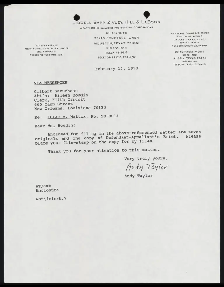 Correspondence from Taylor to Clerk Re: Defendant-Appellant's Brief preview