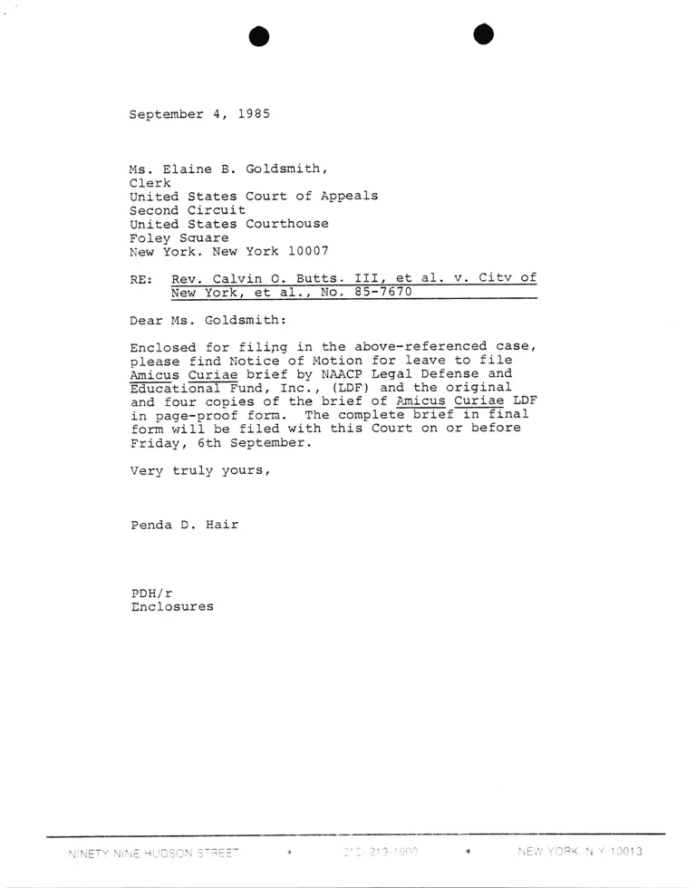 Correspondence from Lani Guinier to Elaine B. Goldsmith (Clerk) Re: Butts III v. City of New York preview