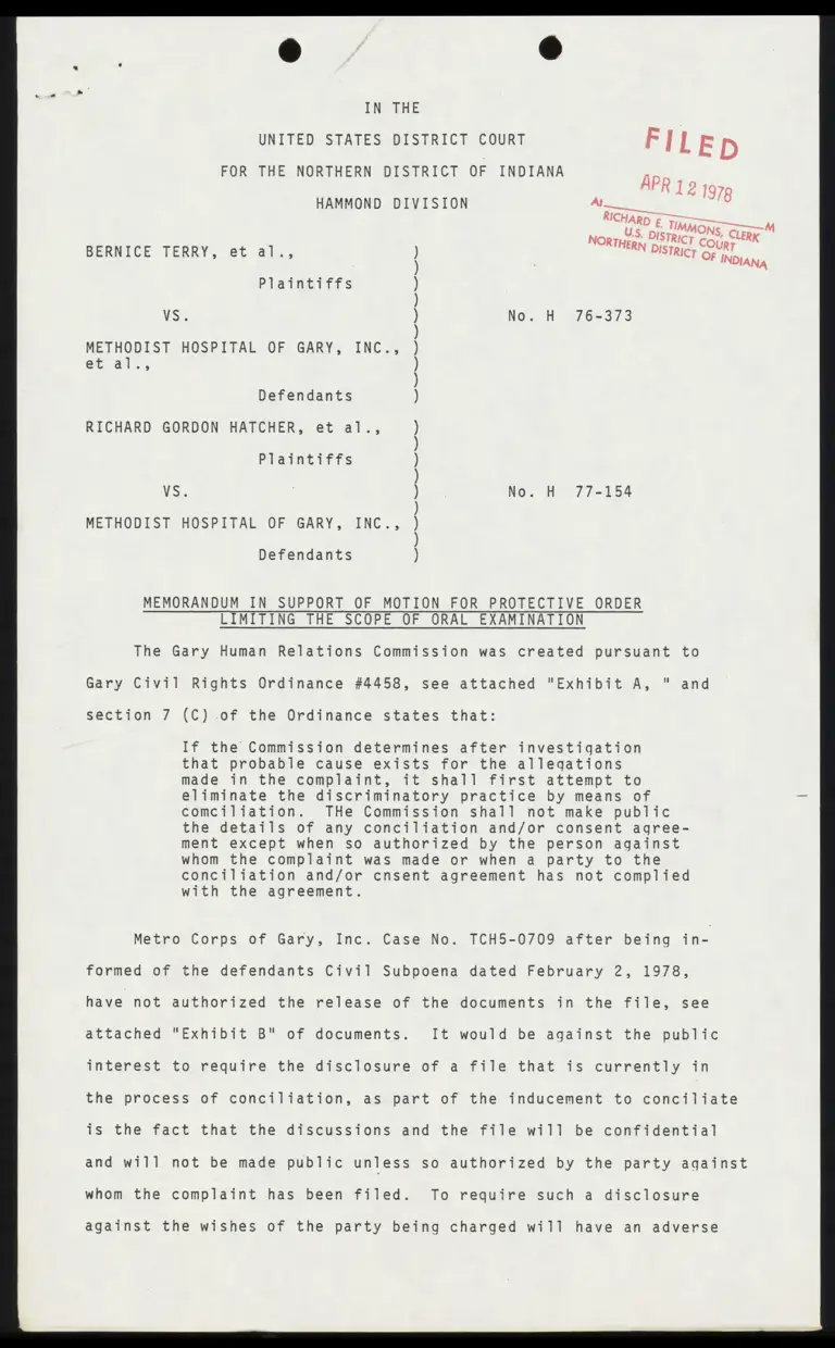 Memorandum in Support of Motion for Protective Order Limiting the Scope of Oral Examination; Affidavit of Service preview