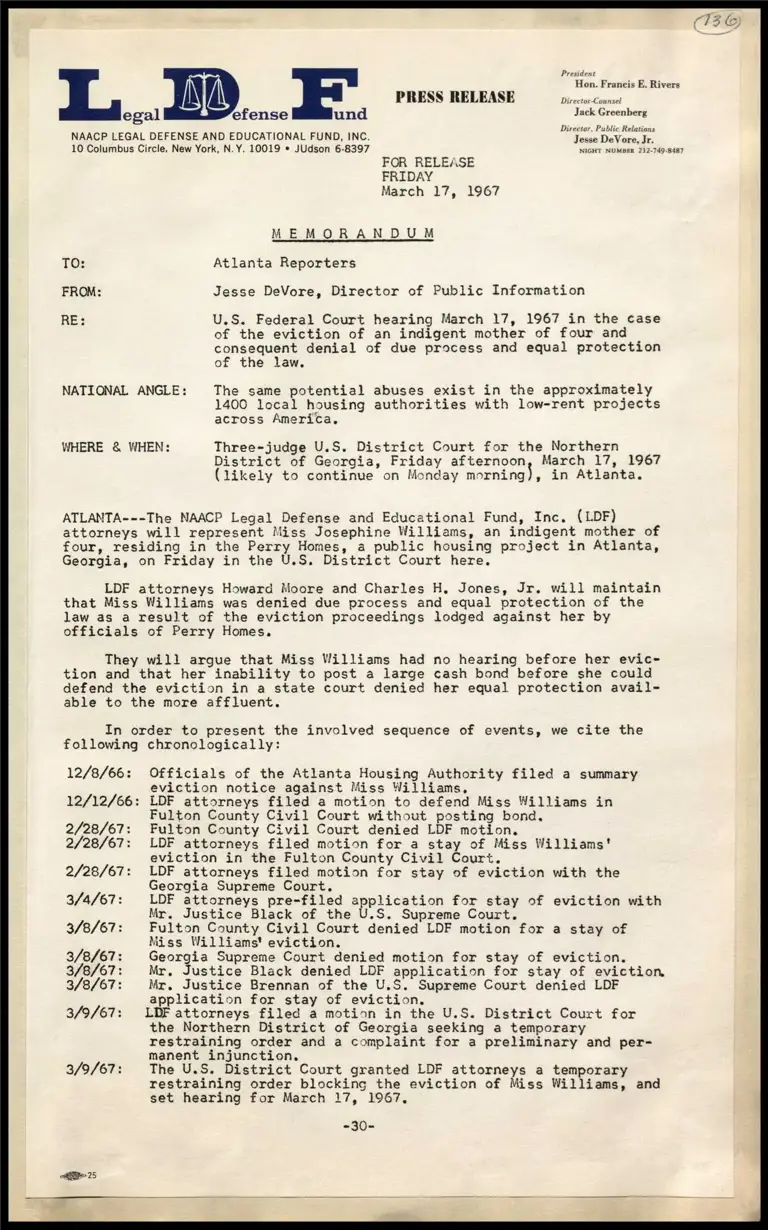 Memorandum on Federal Court Hearing in the Case of Eviction of Indigent Mother of 4 and Consequent Denial of Due Process preview