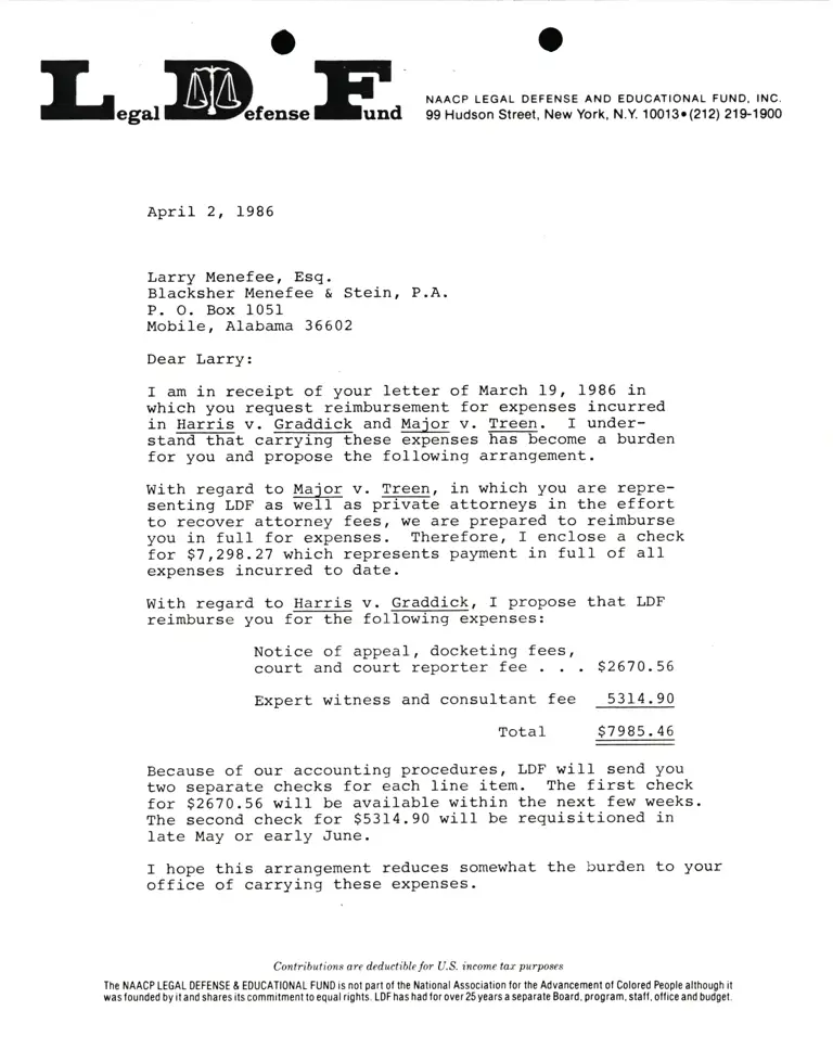 Correspondence from Lani Guinier to Larry Menefee, Esq. Re Fees for Harris v. Graddick and Major v. Treen preview