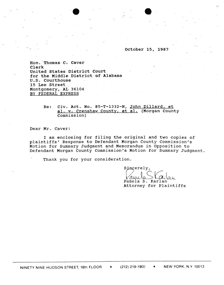 Correspondence from Pamela Karlan to Thomas C. Caver (Clerk) Re: Dillard v. Crenshaw County preview