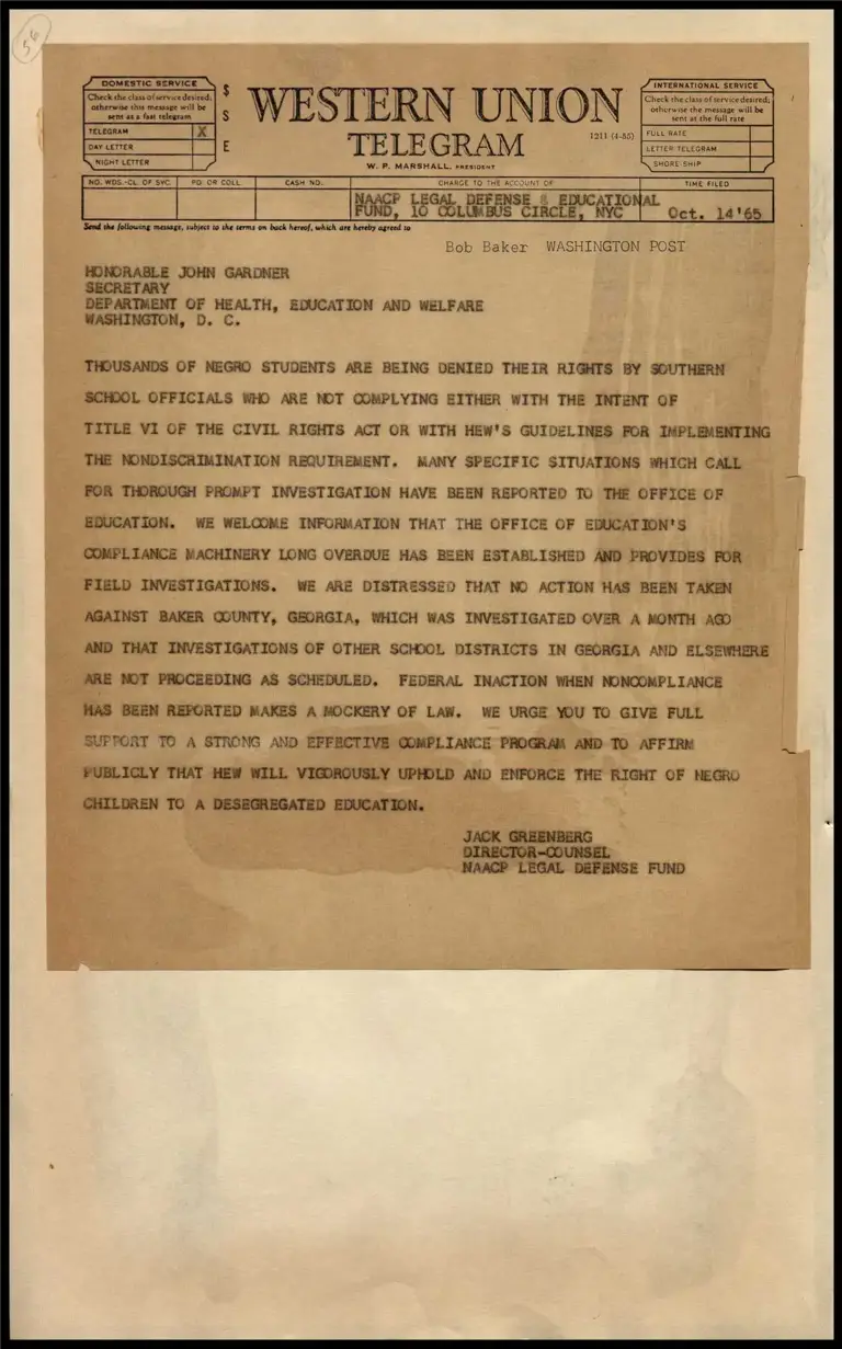 Telegram to Hon. John Gardner, Sec. Dept. of HEW preview