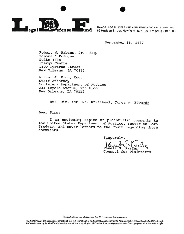 Correspondence from Pamela Karlan to Robert N. Habans et. al, Re: Jones v. Edwards preview