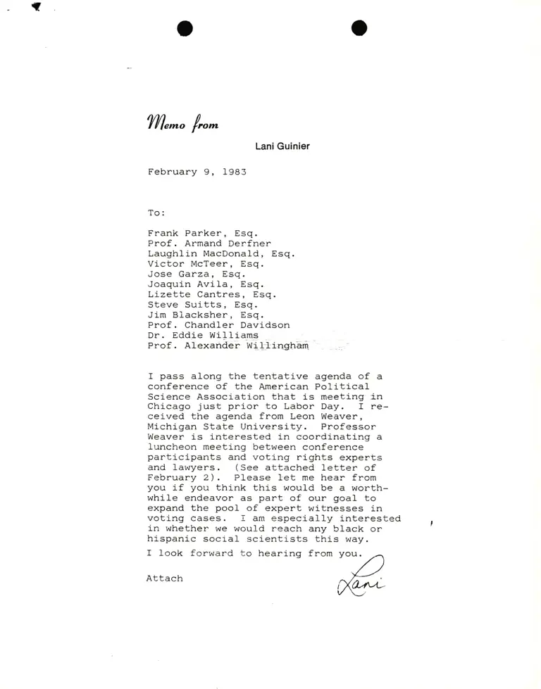 Memorandum from Lani Guinier to Parker, Derfner, MacDonald, McTeer, Garza, Avila, Cantres, Suitts, Blacksher, Davidson, Williams, Willingham preview