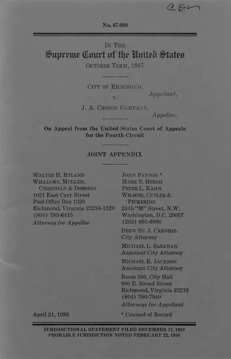 Richmond v JA Croson Company Joint Appendix preview