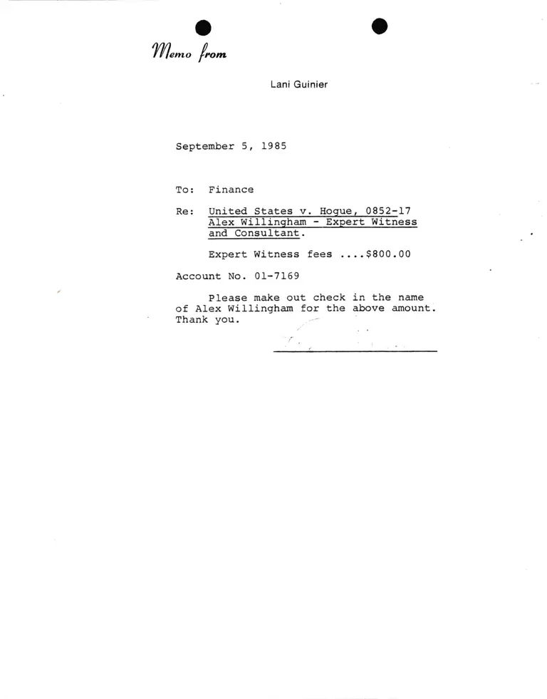 Memorandum from Lani Guinier to Finance Re United States v. Hogue - Expert Witness Fees for Alex Willingham preview