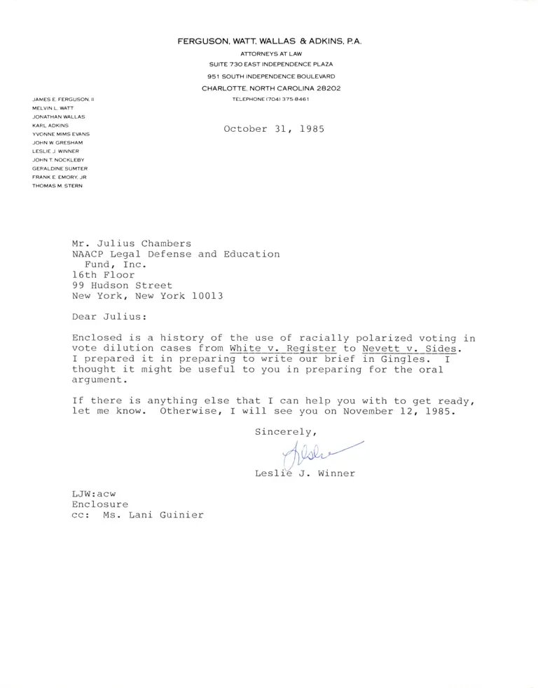 Correspondence from Winner to Chambers; From White to Nevett II - Court of Appeals Cases Which Talk About Racially Polarized Voting Research Paper preview