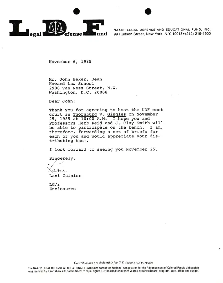 Correspondence from Lani Guinier to John Baker (Dean, Howard Law School) Re Thornburg v. Gingles preview
