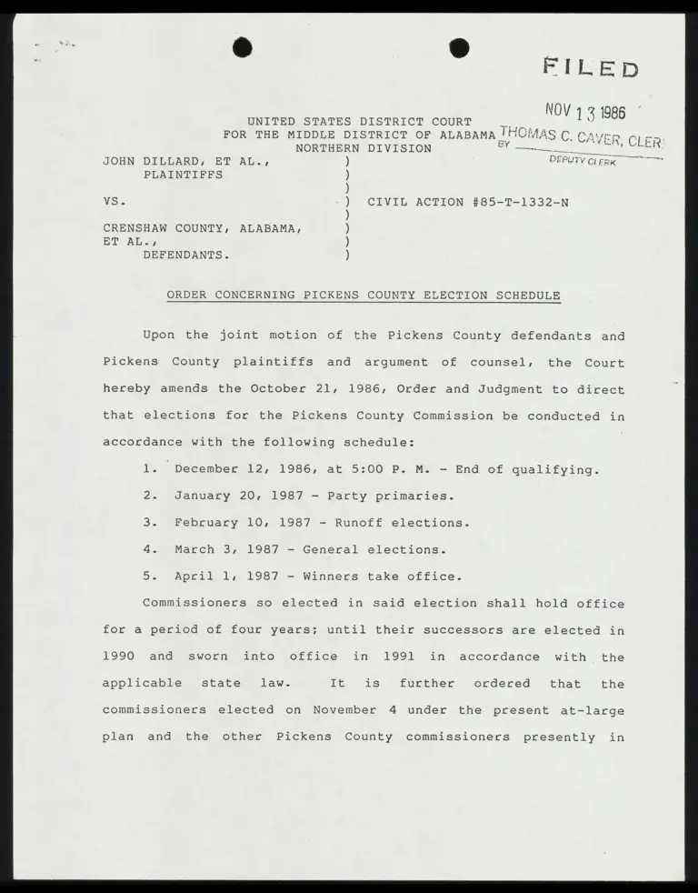 Order Concerning Pickens County Election Schedule; Order Approving Amendment to Lawrence County Election Procedures preview