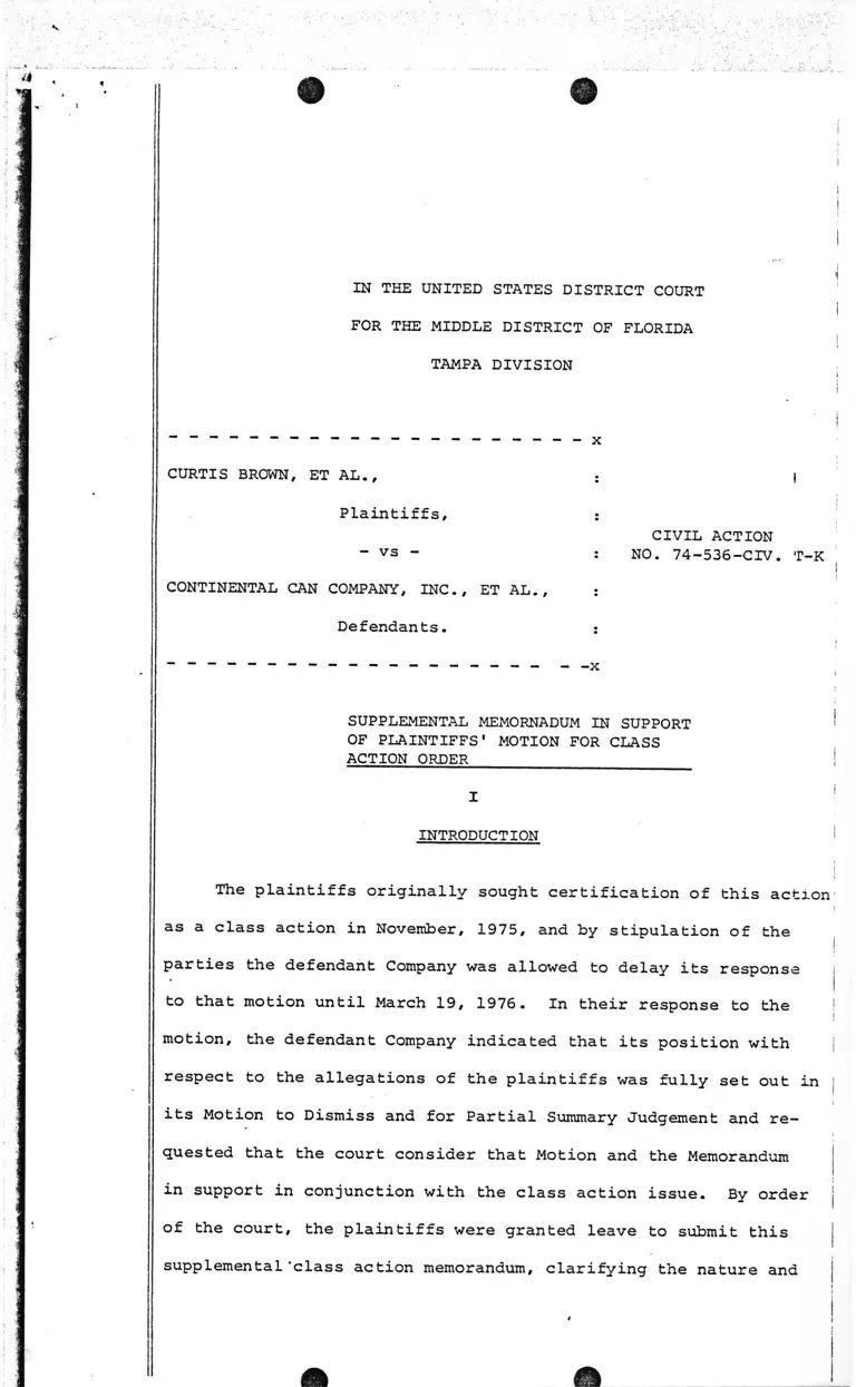 Brown v. Continental Can Company Supplemental Memorandum in Support of Plaintiffs' Motion for Class Action Order preview