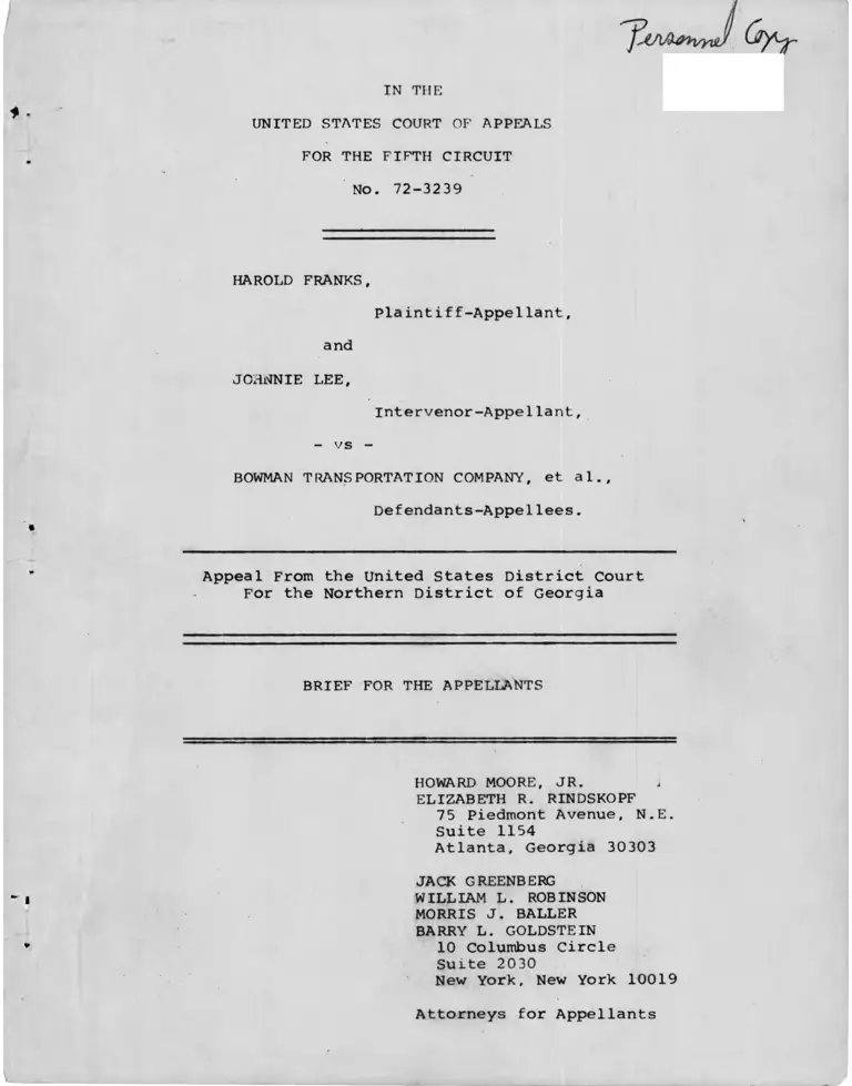 Franks v. Bowman Transportation Company Brief for the Appellants preview