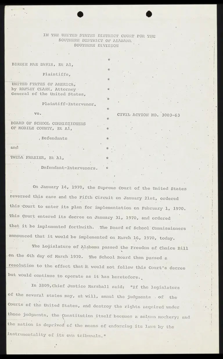 Denial of Petition in Davis v. Mobile County School Board preview