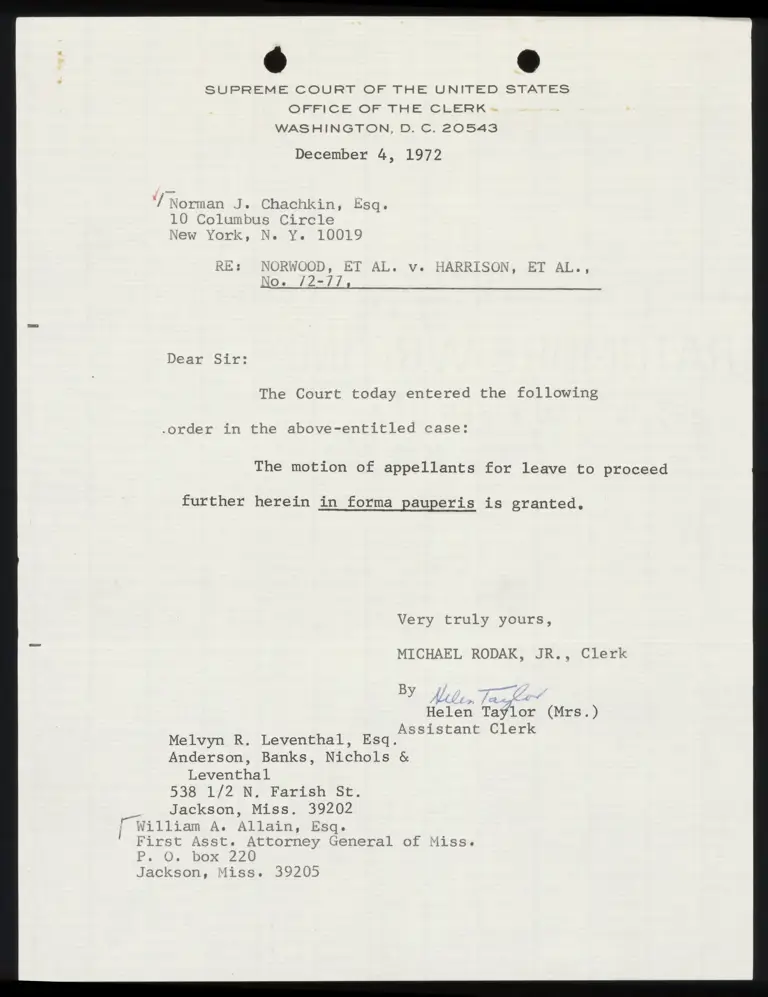 Correspondence from Clerk to Chachkin Re: Motion granted; Application for Extension to File Single Appendix and Appellants' Brief preview