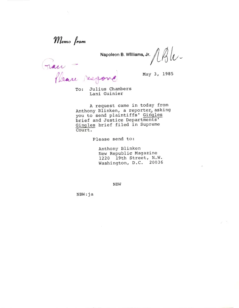 Memo from Williams to Chambers and Guinier preview
