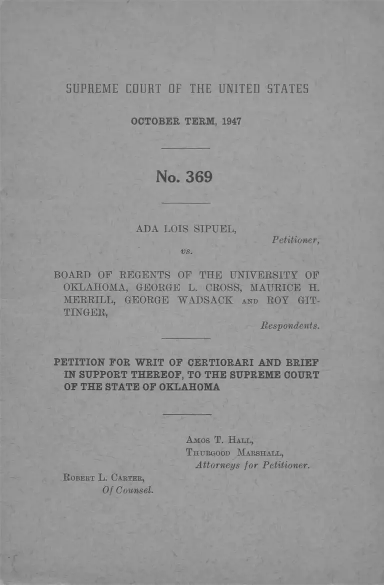 Sipuel v Board of Regents of UOK Petition for Writ of Certiorari preview