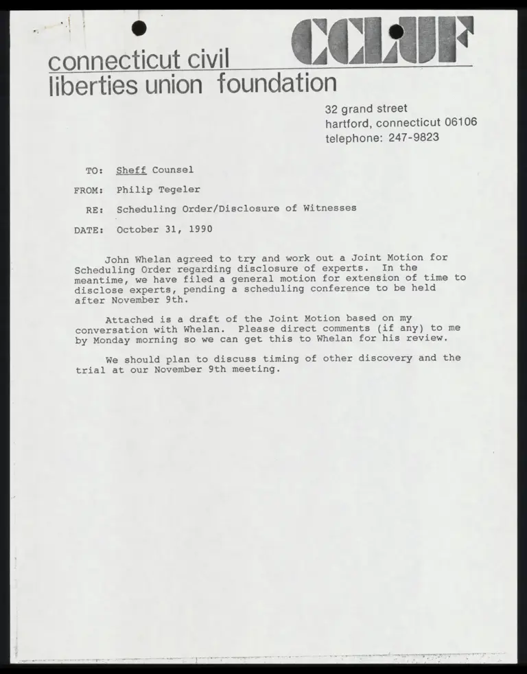 Memo from Tegeler to Counsel Re: Scheduling Order/Disclosure of Witnesses with Draft Joint Motion preview