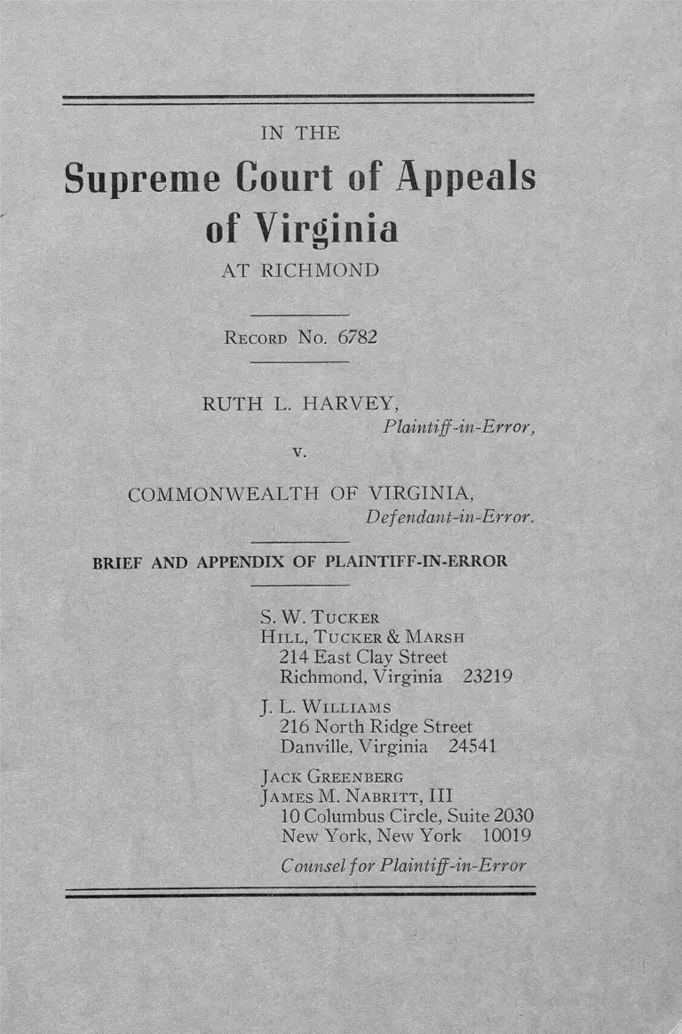 Harvey v. Commonwealth Brief and Appendix of Plaintiff-in-Error preview