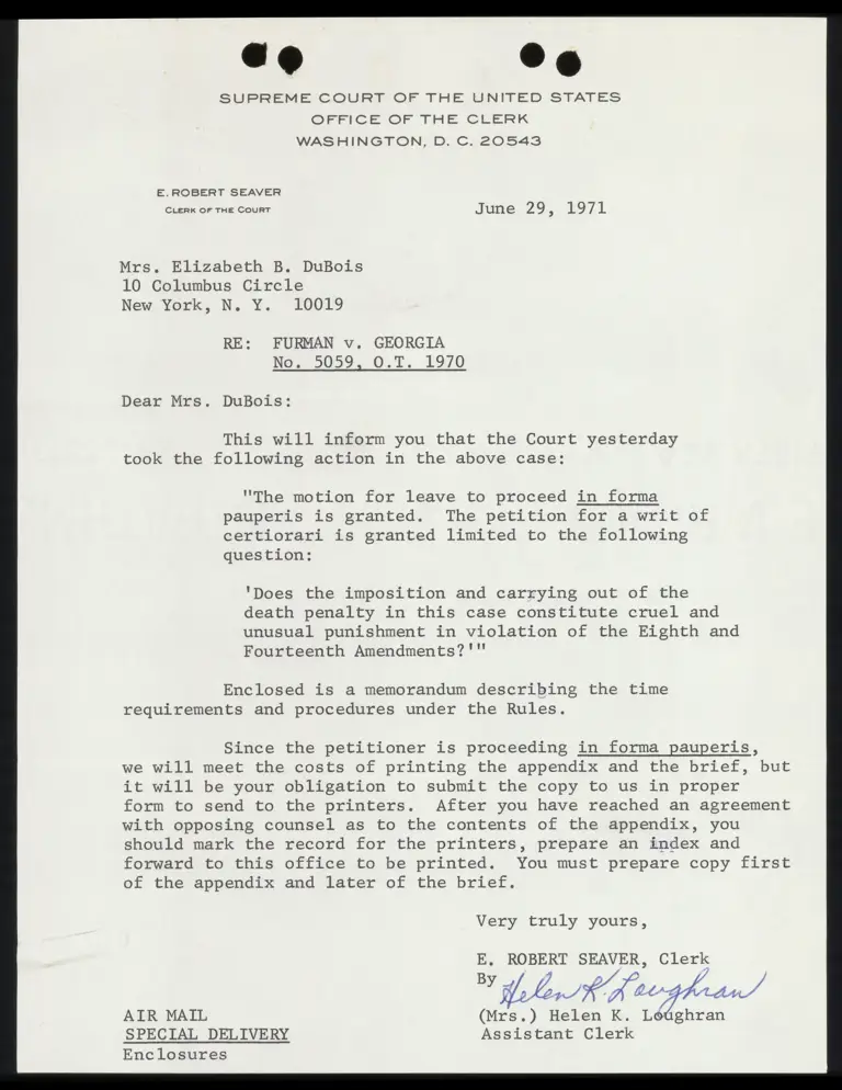 Correspondence from Clerk to DuBois preview