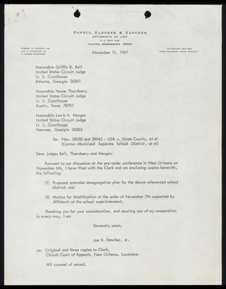 Letter from Fancher Jr. to Judges Bell, Thornberry and Morgan RE: Filing of Amended Desegregation Plan and Motion for Modification preview