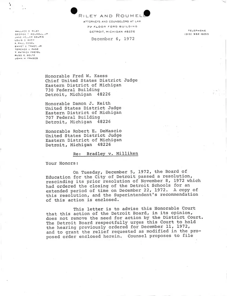 Letter from Opposing Counsel to Judges Kaess, Kieth and DeMascio RE: Bradley v. Milliken preview