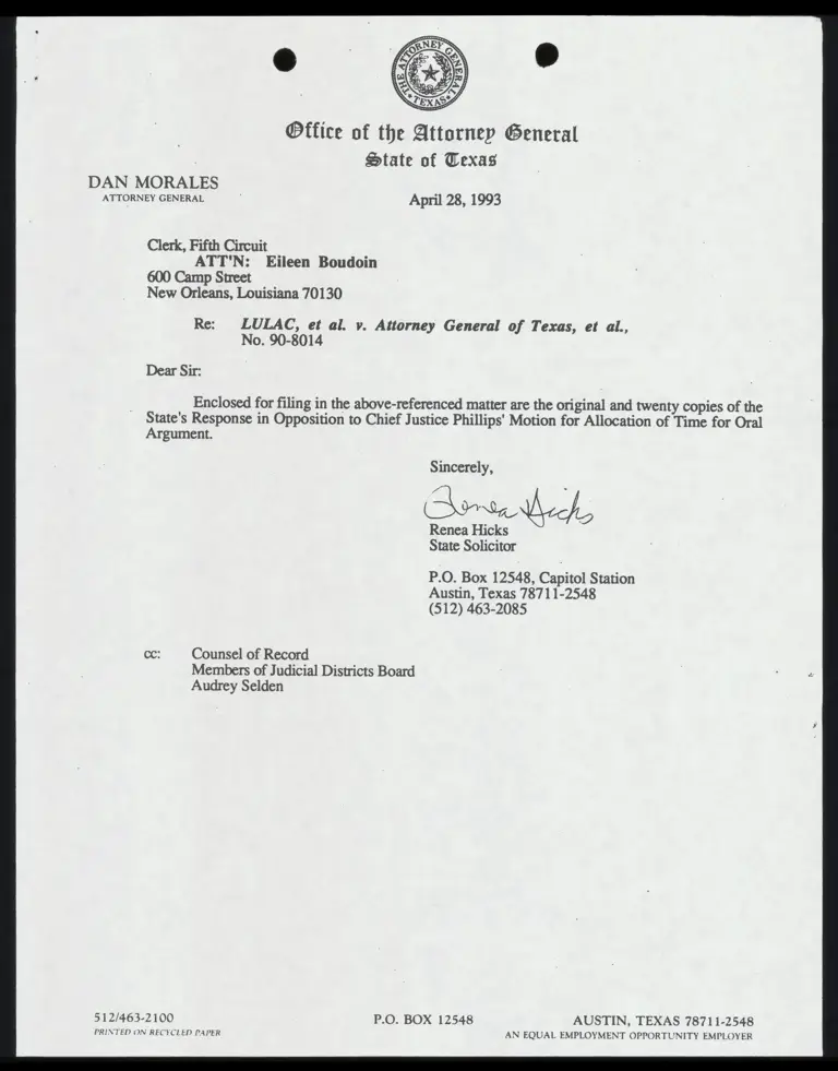 State's Response in Opposition to Chief Justice Phillips' Motion for Allocation of Time for Oral Argument preview