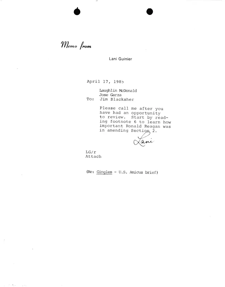 Memorandum from Lani Guinier to Laughlin McDonald, Jose Garza, and Jim Blacksher preview