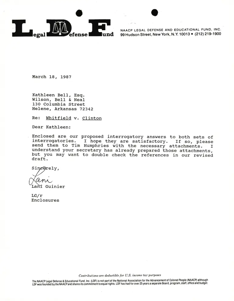 Correspondence from Lani Guinier to Kathleen Bell, Esq. Re Whitfield v. Clinton preview
