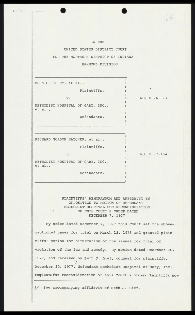 Plaintiffs' Memorandum and Affidavit in Opposition to Motion of Defendant for Reconsideration of Order; Affidavit preview