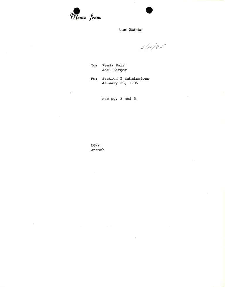 Memorandum from Lani Guinier to Penda Hair to Joel Berger preview