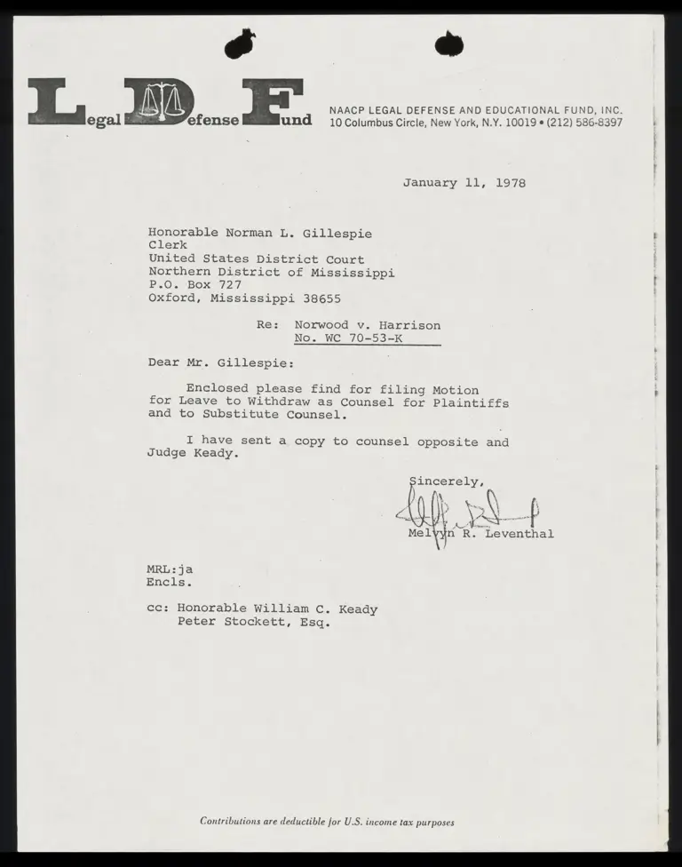 Correspondence from Leventhal to Clerk Re: Motion for Leave to Withdraw as Counsel preview