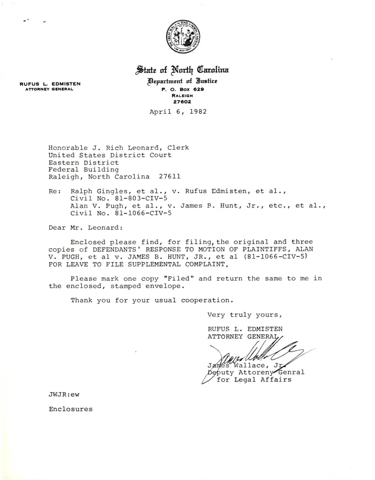Correspondence from Edmisten to Leonard; Defendants' Response to Motion, Alan v. Pugh, et al v. James B. Hunt, Jr., et al for Leave to File Supplemental Complaint preview