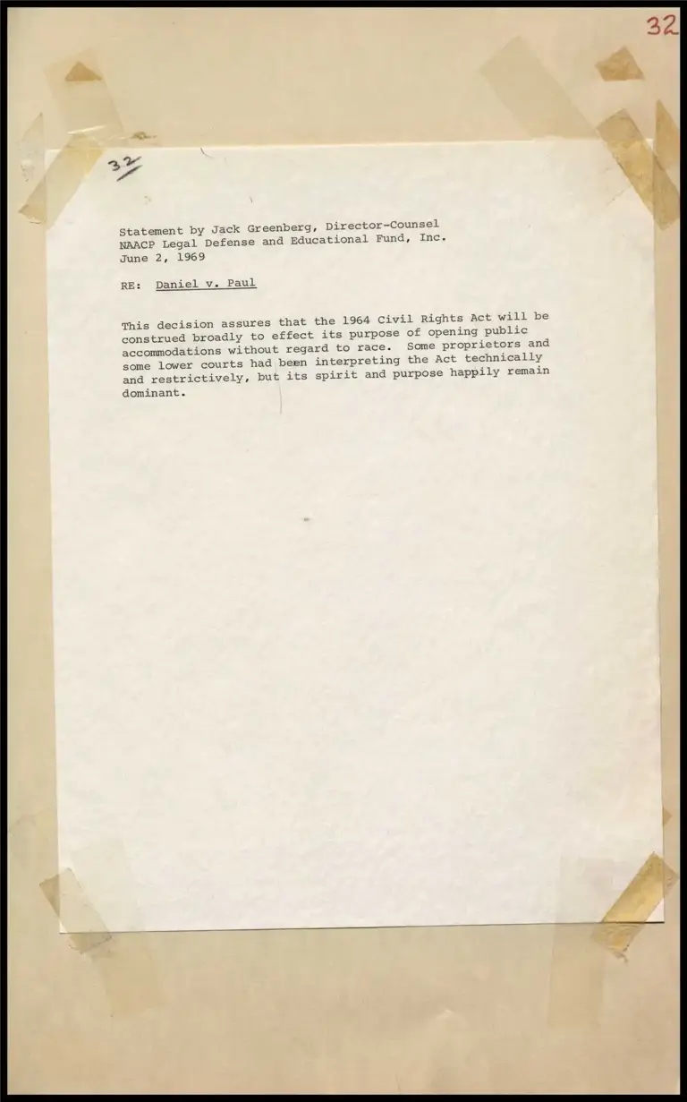 Greenberg Statement Re: Daniel v. Paul on Broad Interpretation of the 1964 Civil Rights Act preview