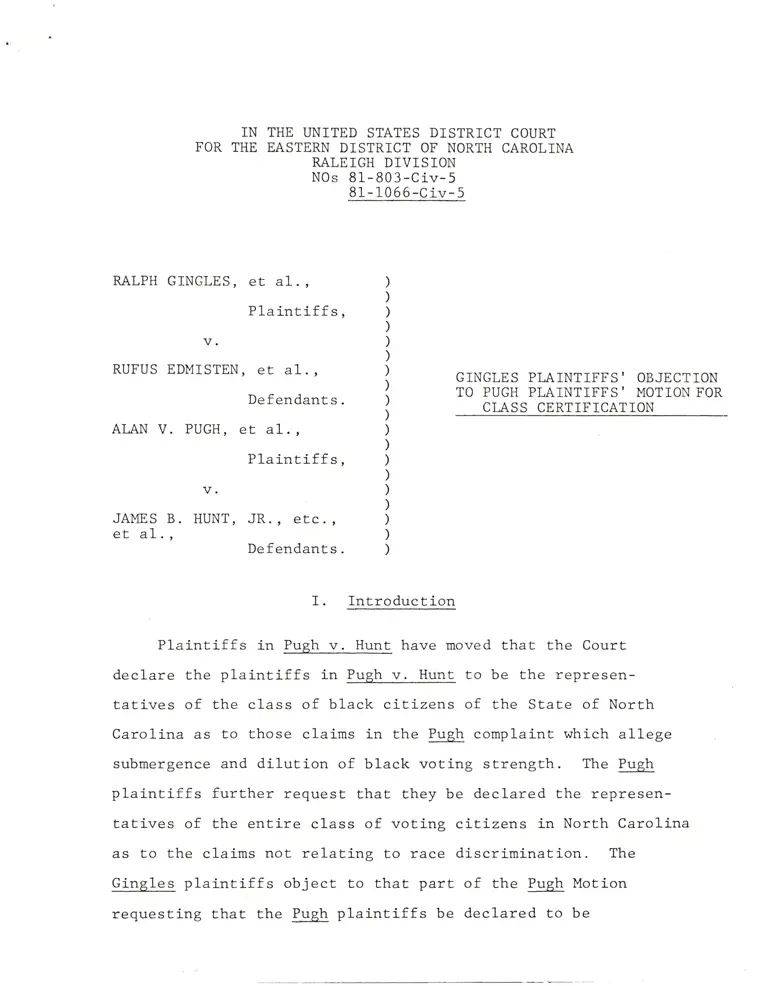 Gingles Plaintiffs' Objection to Pugh Plaintiffs' Motion for Class Certification preview