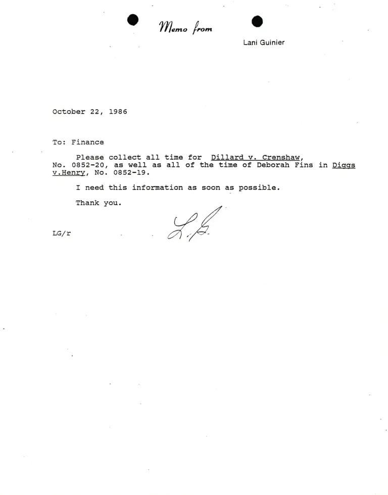 Memorandum from Lani Guinier to Finance Re Dillard v. Crenshaw preview