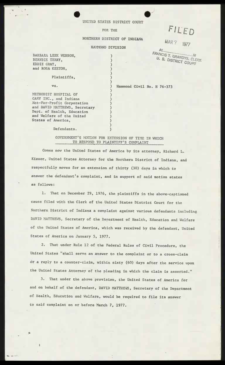 Government's Motion for Extension of Time in Which to Respond to Plaintiffs' Complaint preview