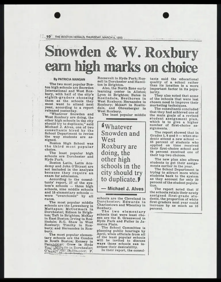 Snowden & W. Roxbury Earn High Marks on Choice News Clipping preview