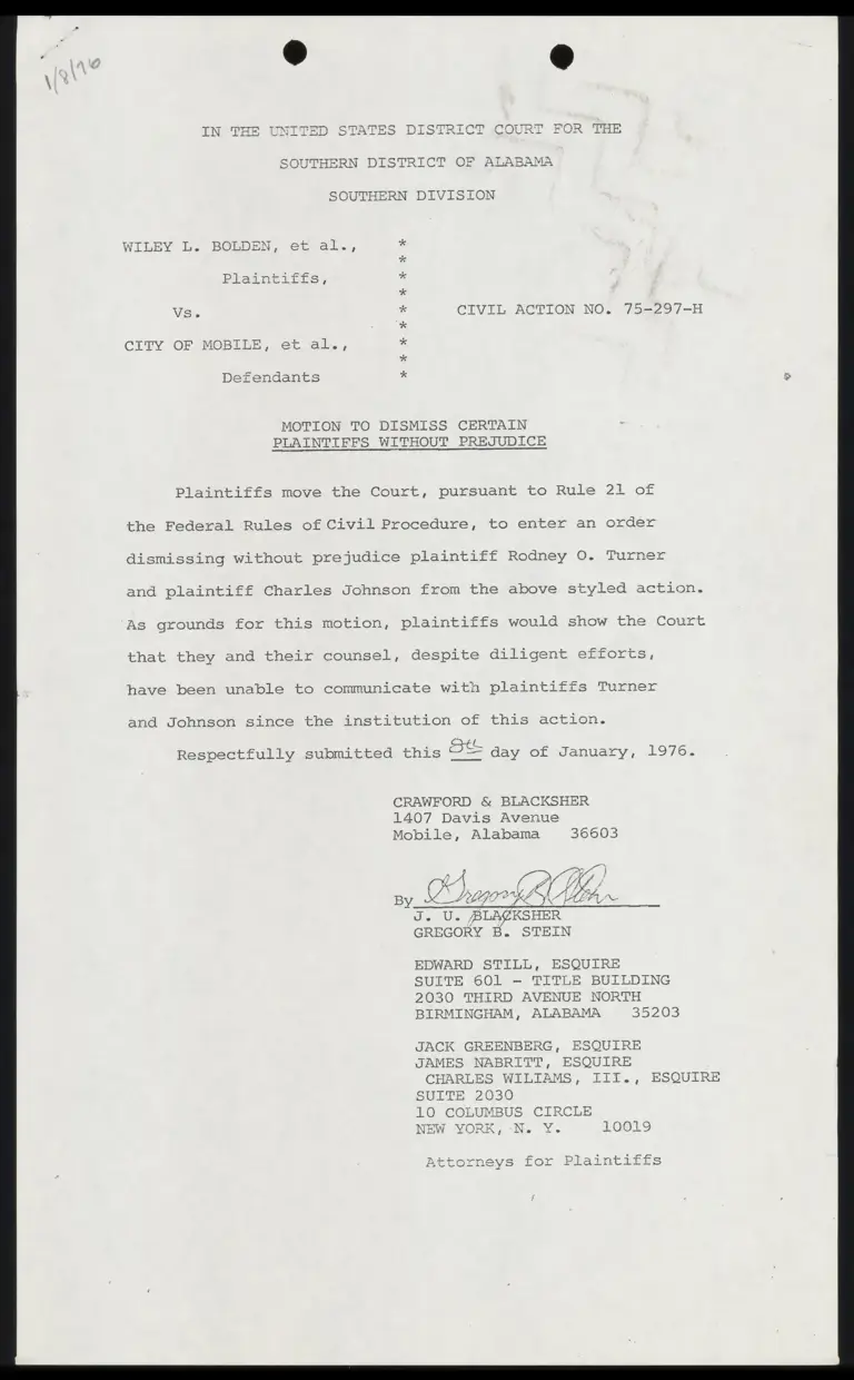 Motion to Dismiss Certain Plaintiffs Without Prejudice (Turner and Johnson) preview