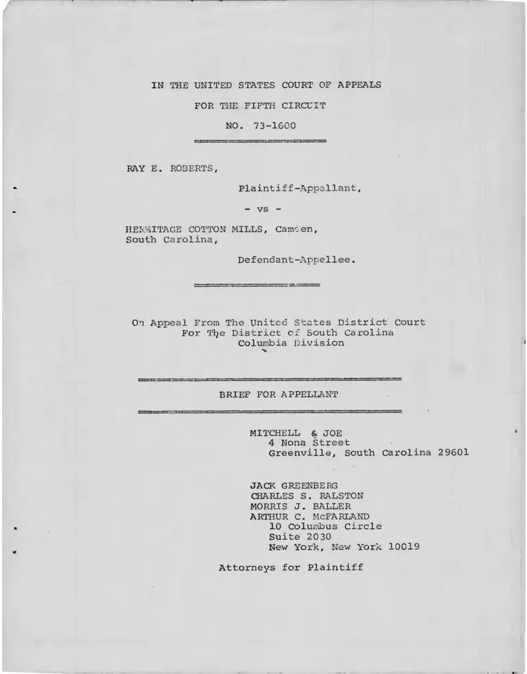 Roberts v Hermitage Cotton Mills Brief for Appellant preview