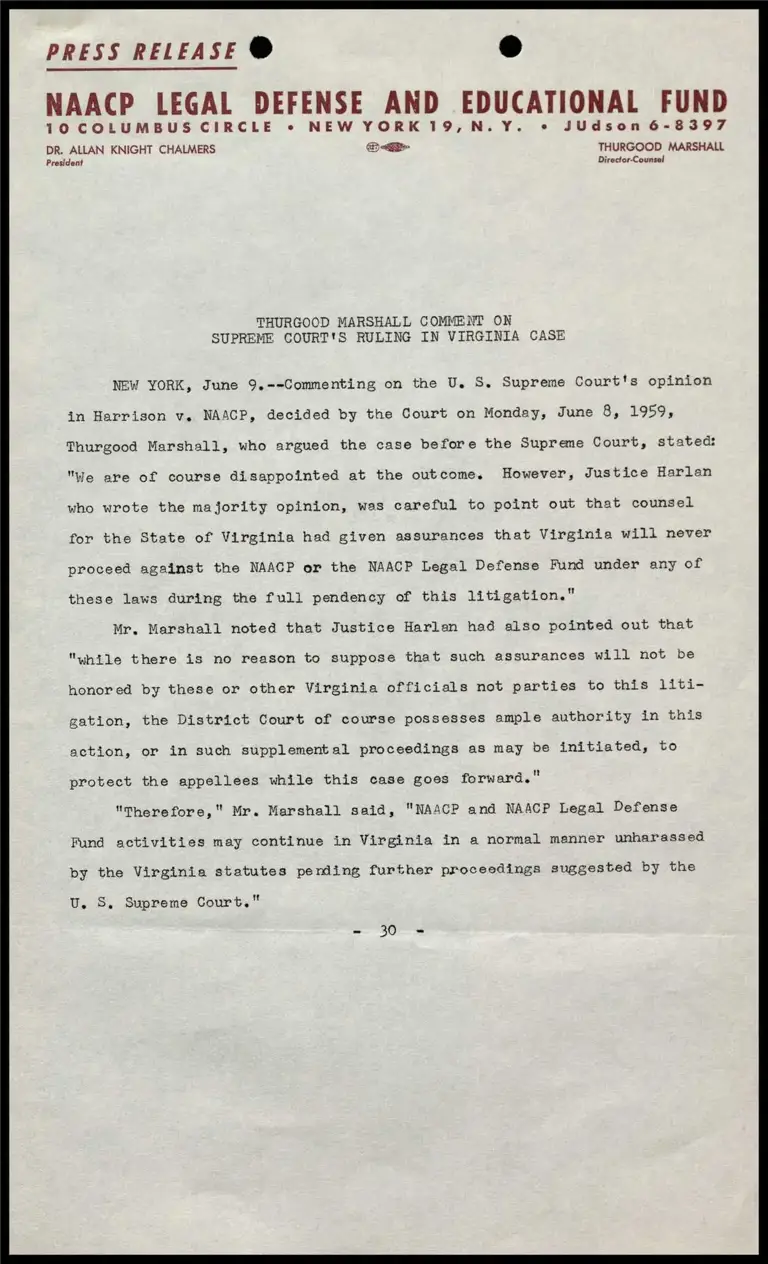 Thurgood Marshall Comment on Supreme Court's Ruling in Virginia Case preview