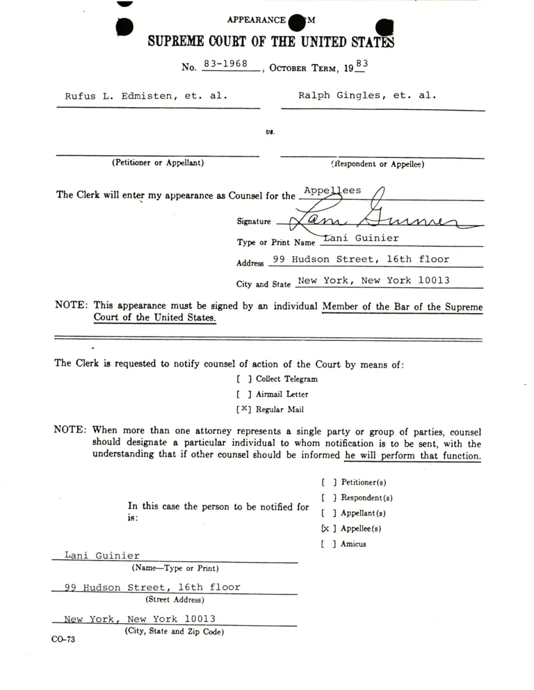 Supreme Court Appearance Form for Lani Guinier preview