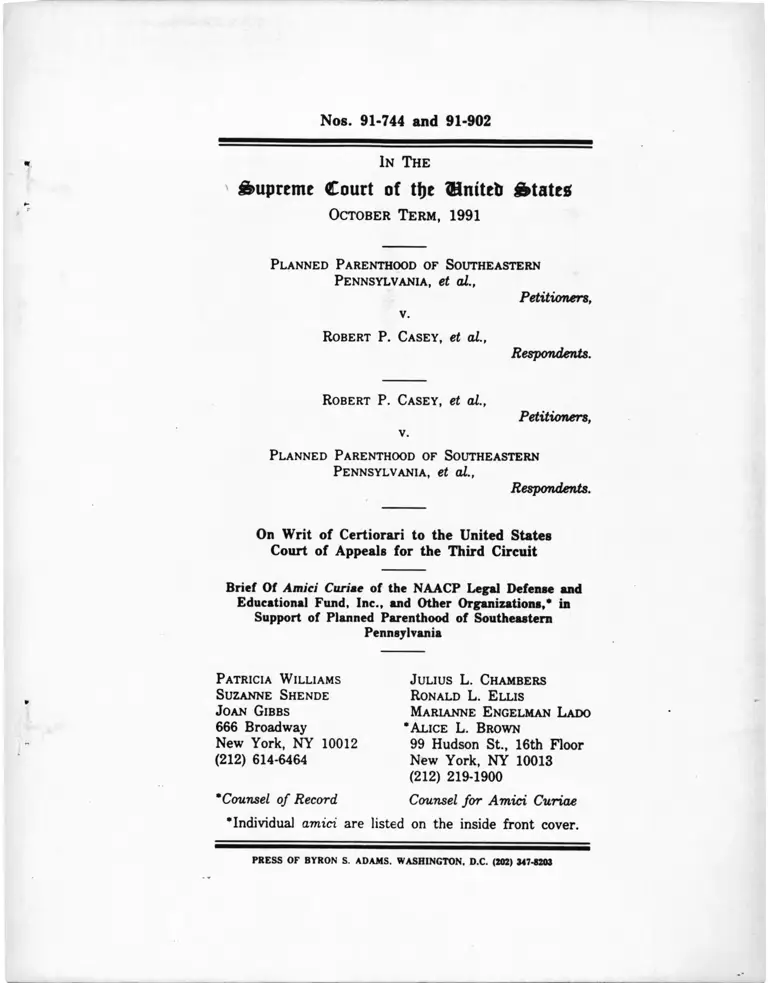 Planned Parenthood of Southeastern Pennsylvania v. Casey Brief Amici Curiae in Support of Petitioner preview