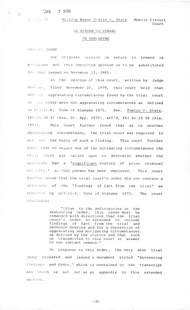 Tomlin v. State of Alabama On Return to Remand on Rehearing preview
