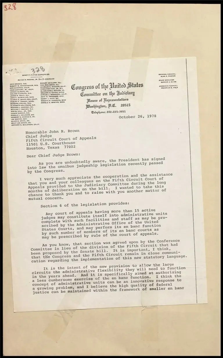 Correspondence from Rodino to Chief Judge Brown on The Division of the Fifth Circuit preview