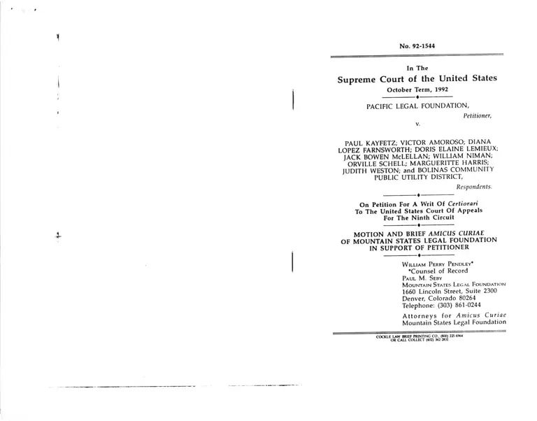 Pacific Legal Foundation v. Kayfetz Motion and Brief Amicus Curiae preview