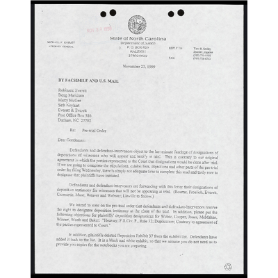 Letter from Smiley to opposing counsel RE: pretrial order preview