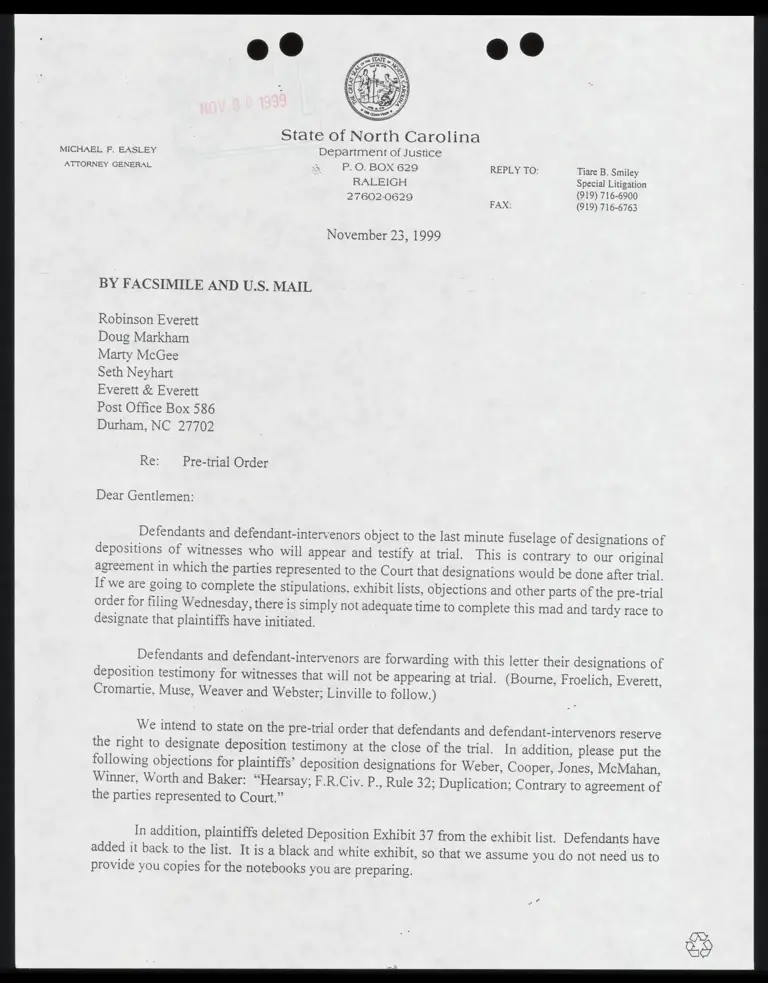 Letter from Smiley to opposing counsel RE: pretrial order preview